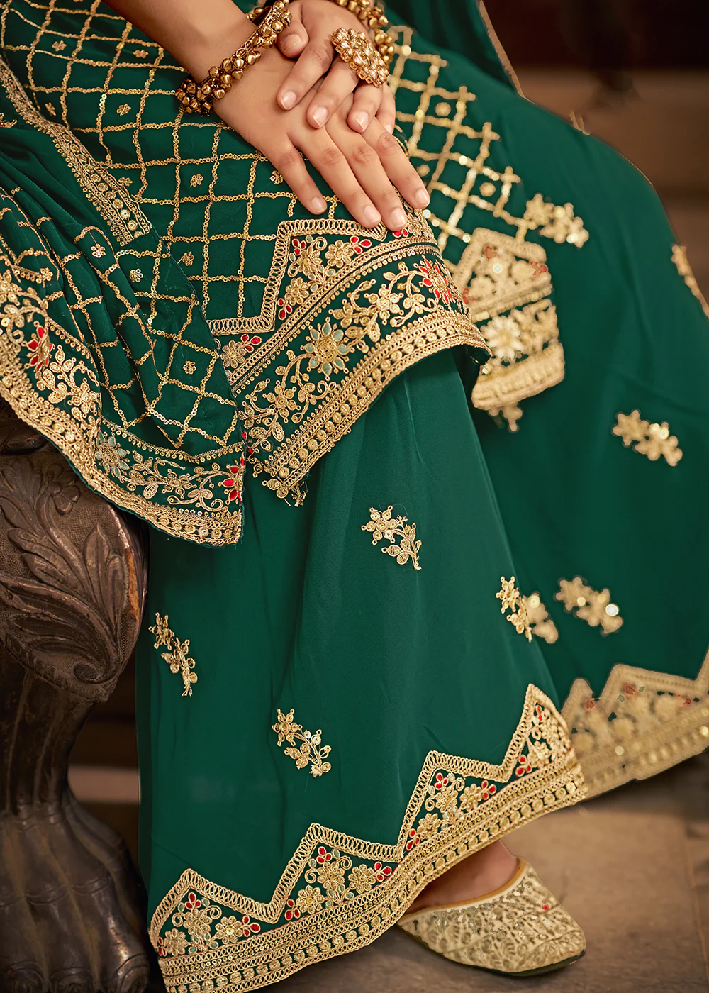 Dark Green Embroidered Designer Festive Palazzo Suit - Image 5