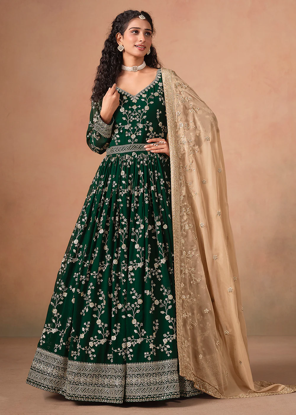 Dark Green Embroidered Wedding Anarkali Style Gown