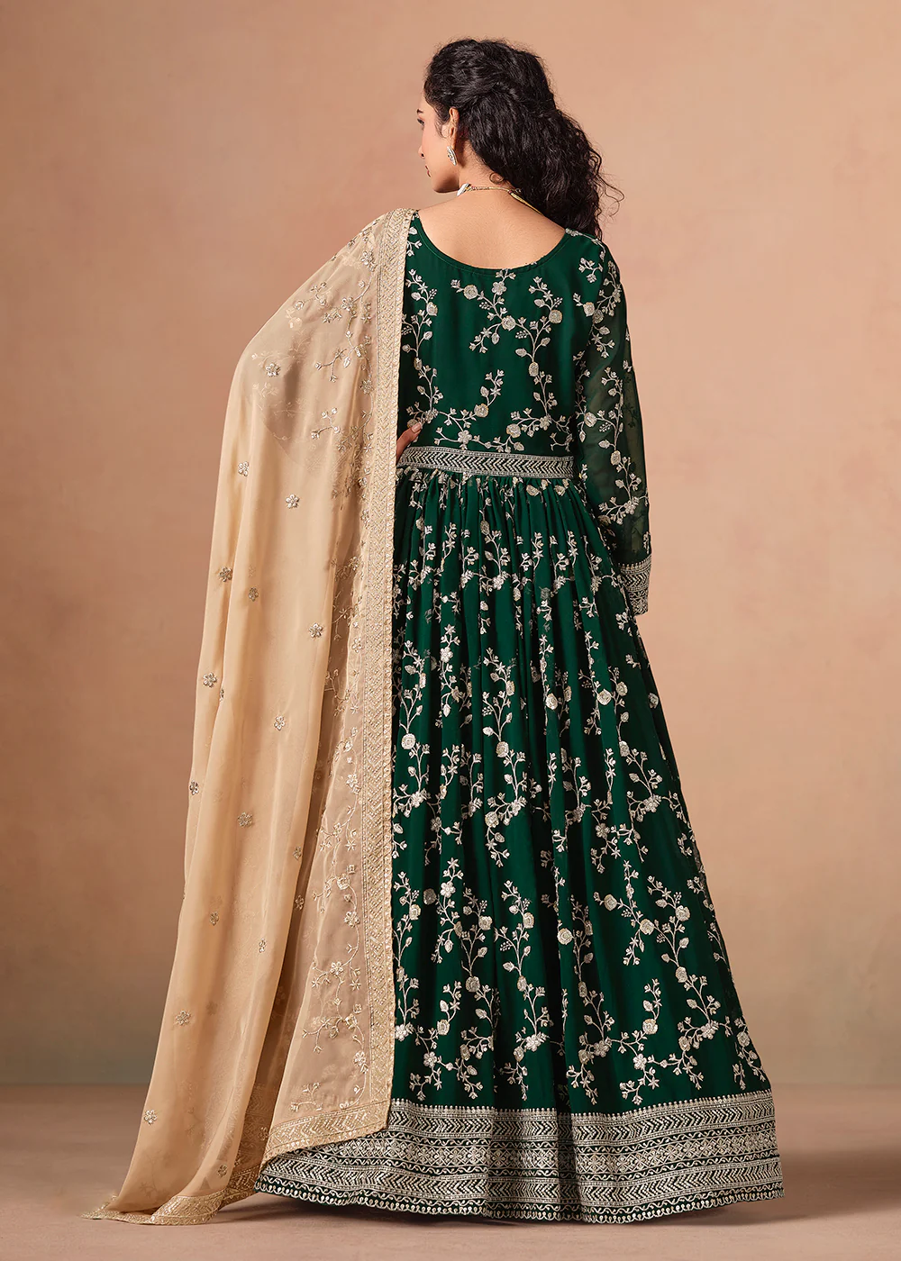 Dark Green Embroidered Wedding Anarkali Style Gown - Image 3