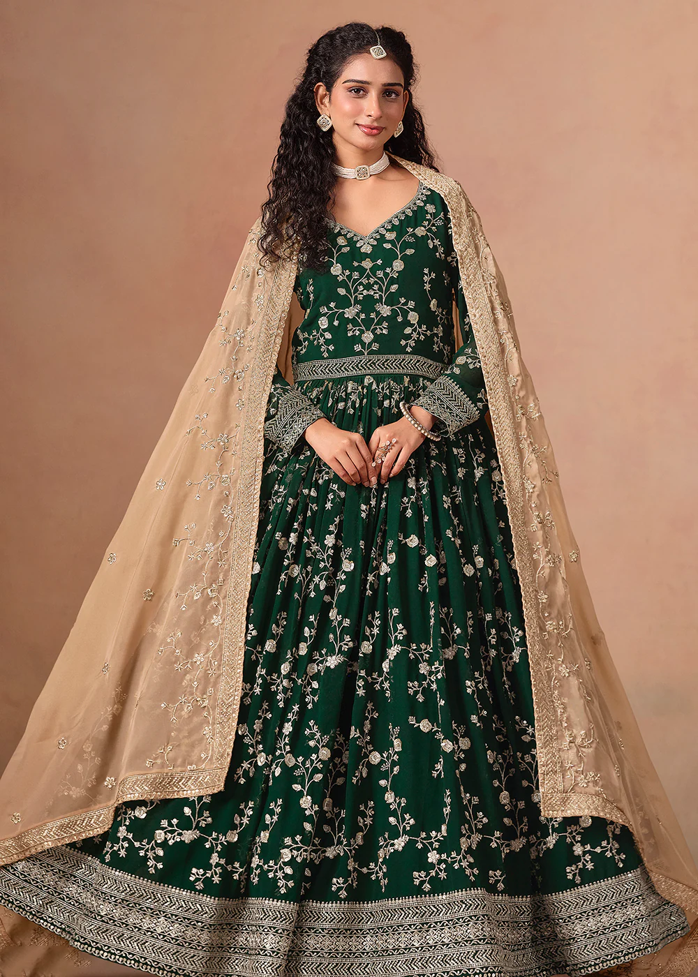 Dark Green Embroidered Wedding Anarkali Style Gown - Image 4