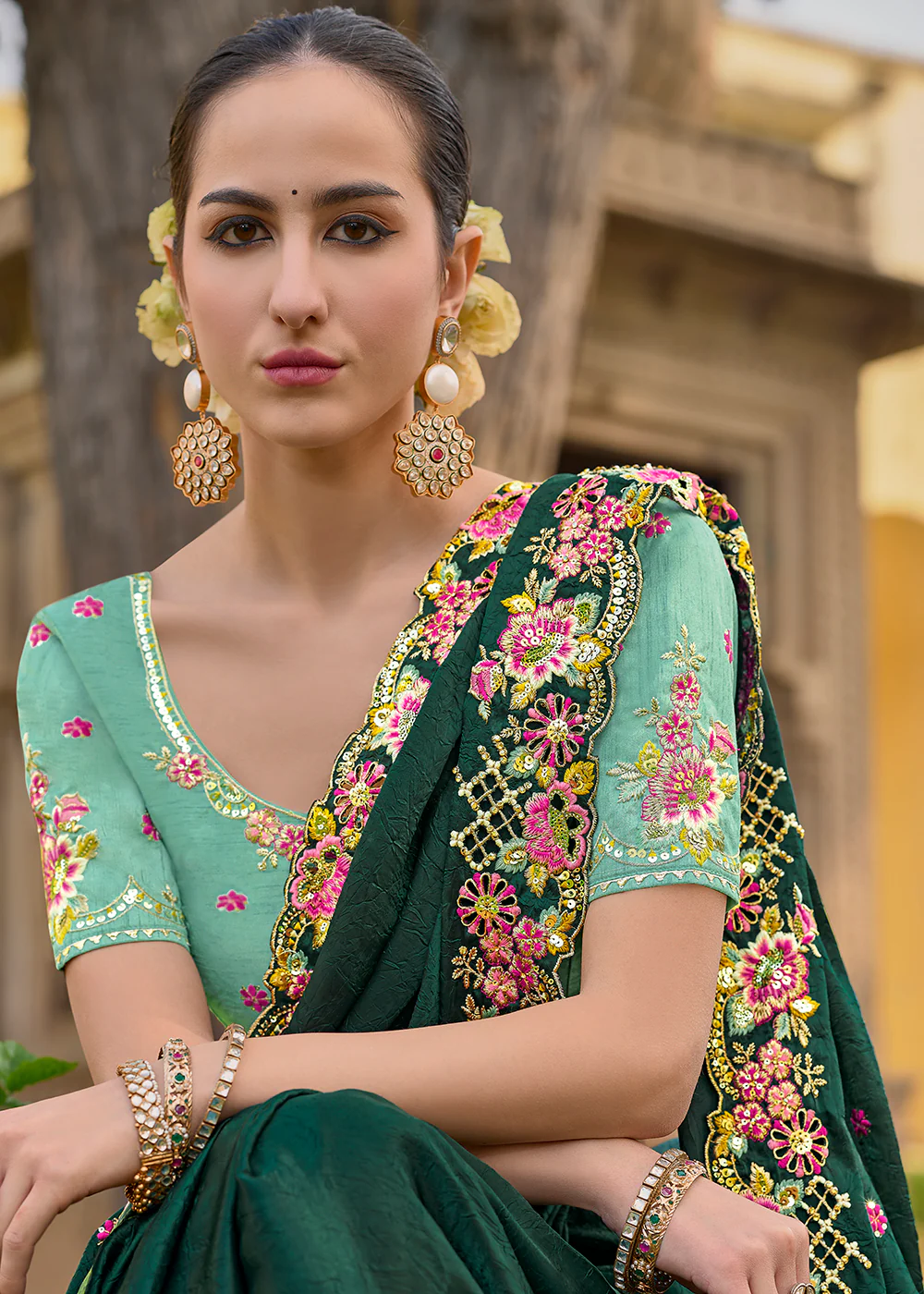 Dark Green Fancy Tissue Organza Silk Designer Saree - Image 2