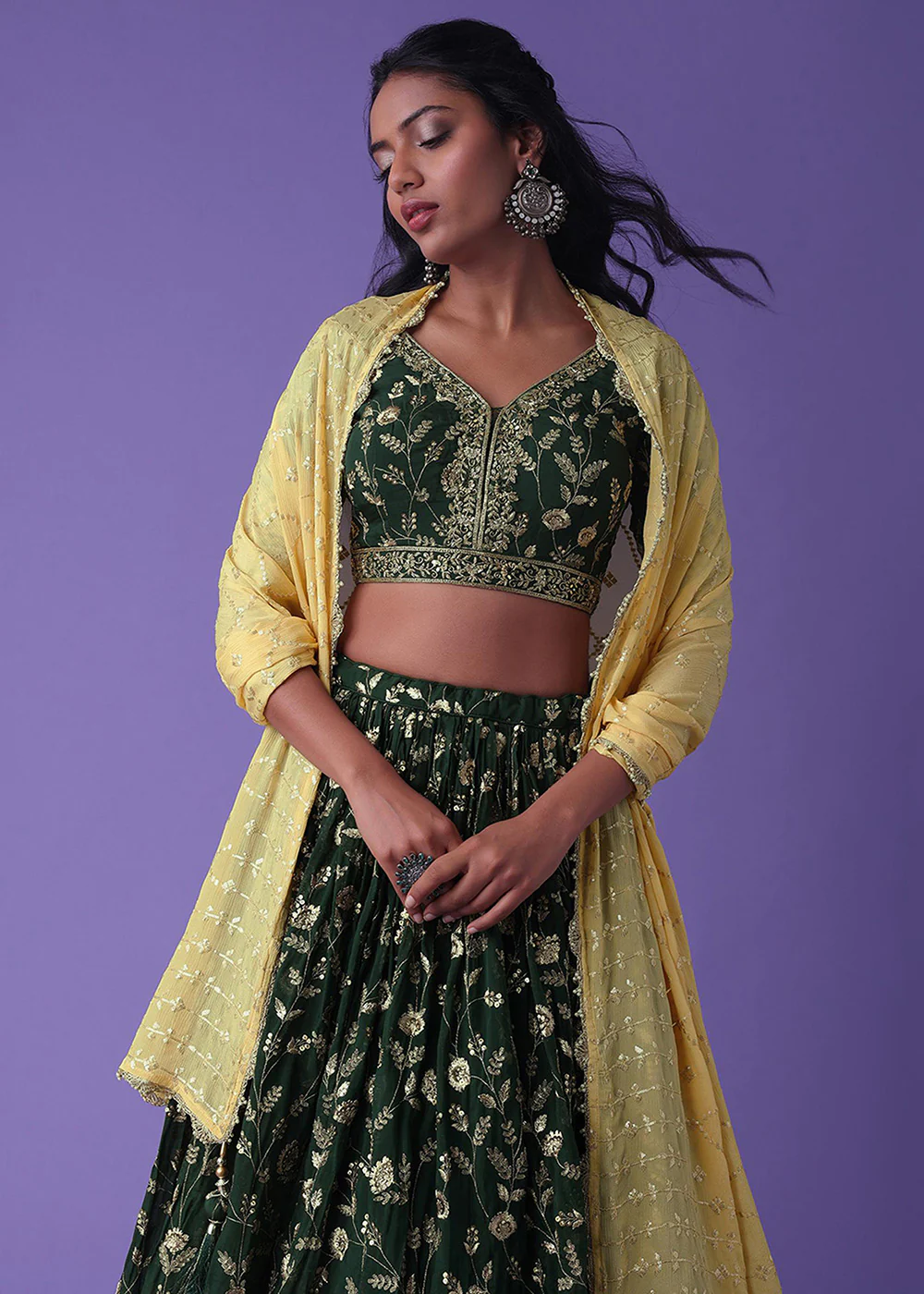 Dark Green Festive Style Embroidered Lehenga Choli - Image 2