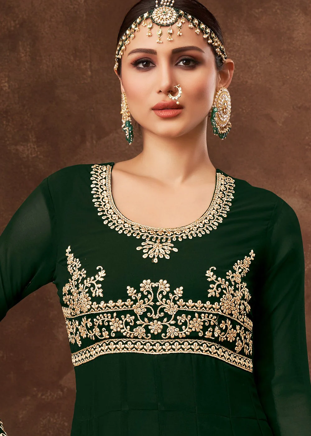 Dark Green Ghera Detailed Embroidered Designer Anarkali - Image 2