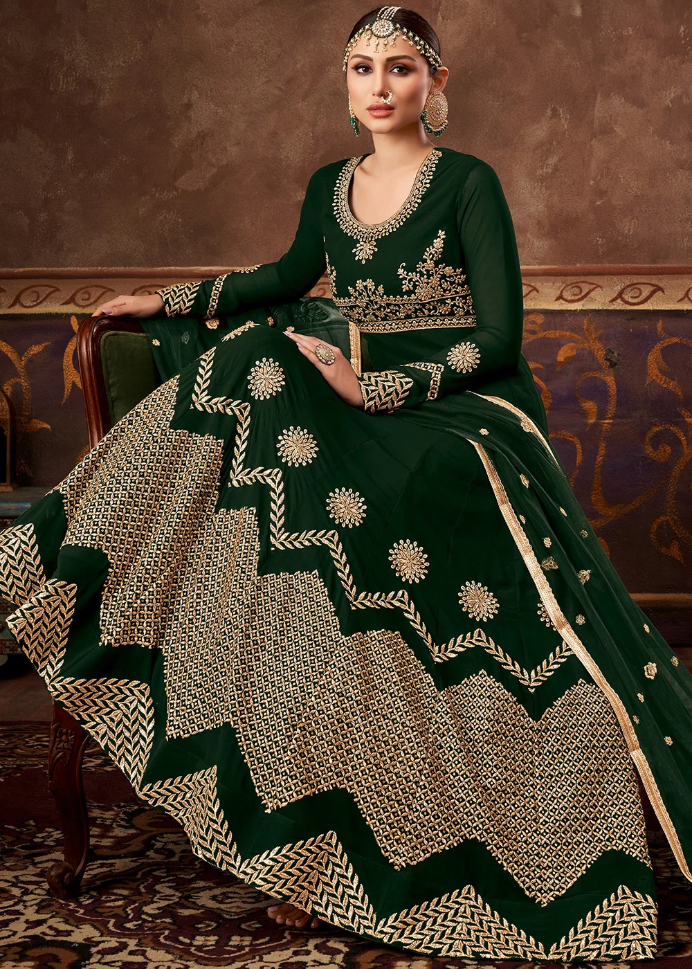 Dark Green Ghera Detailed Embroidered Designer Anarkali - Image 3
