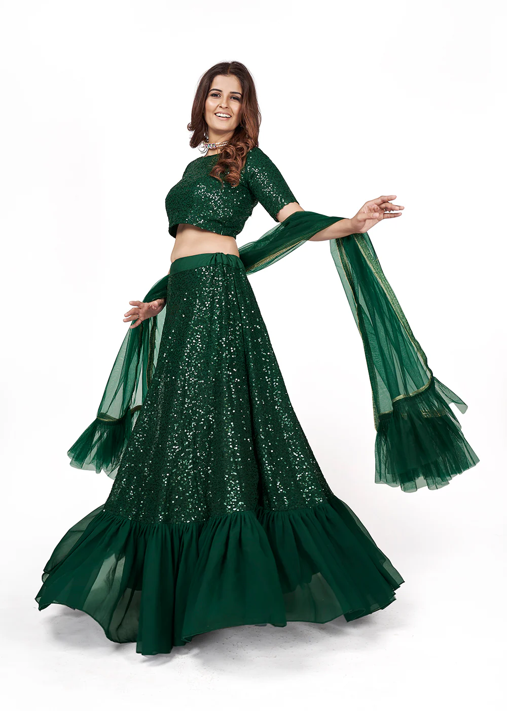Dark Green Multi Sequins Embroidered Party Wear Lehenga Choli - Image 2