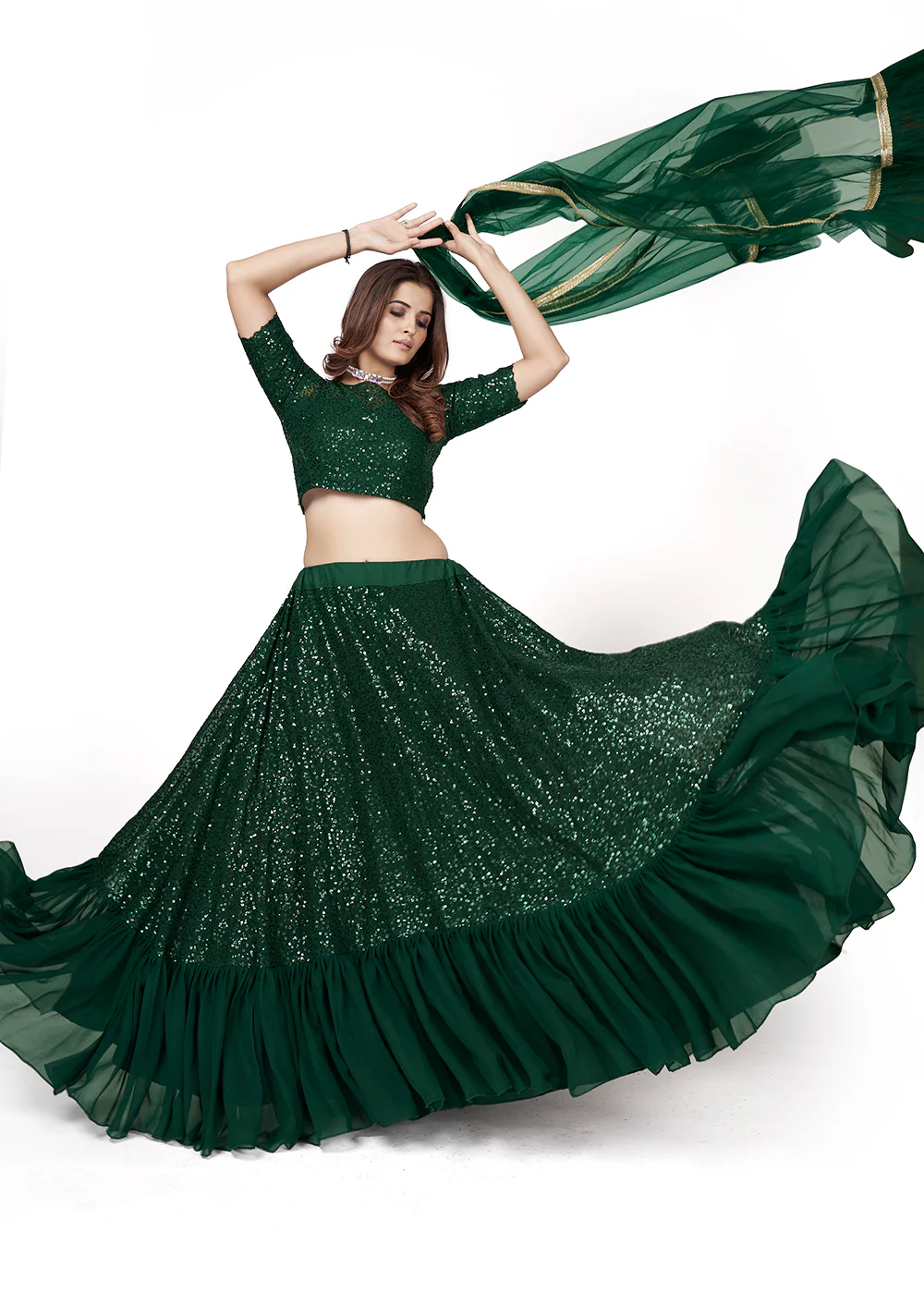 Dark Green Multi Sequins Embroidered Party Wear Lehenga Choli - Image 3