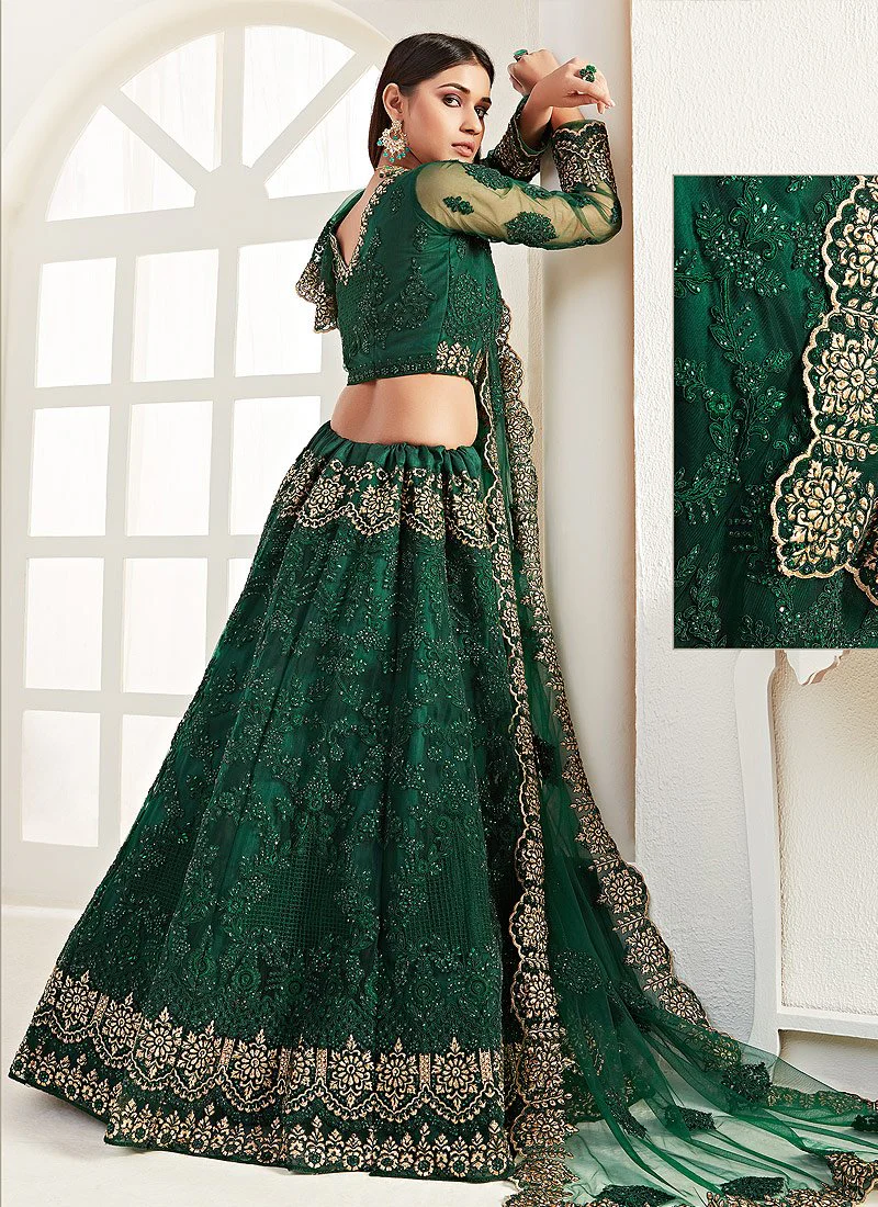Dark Green Net Embroidered Wedding Lehenga Choli - Image 3