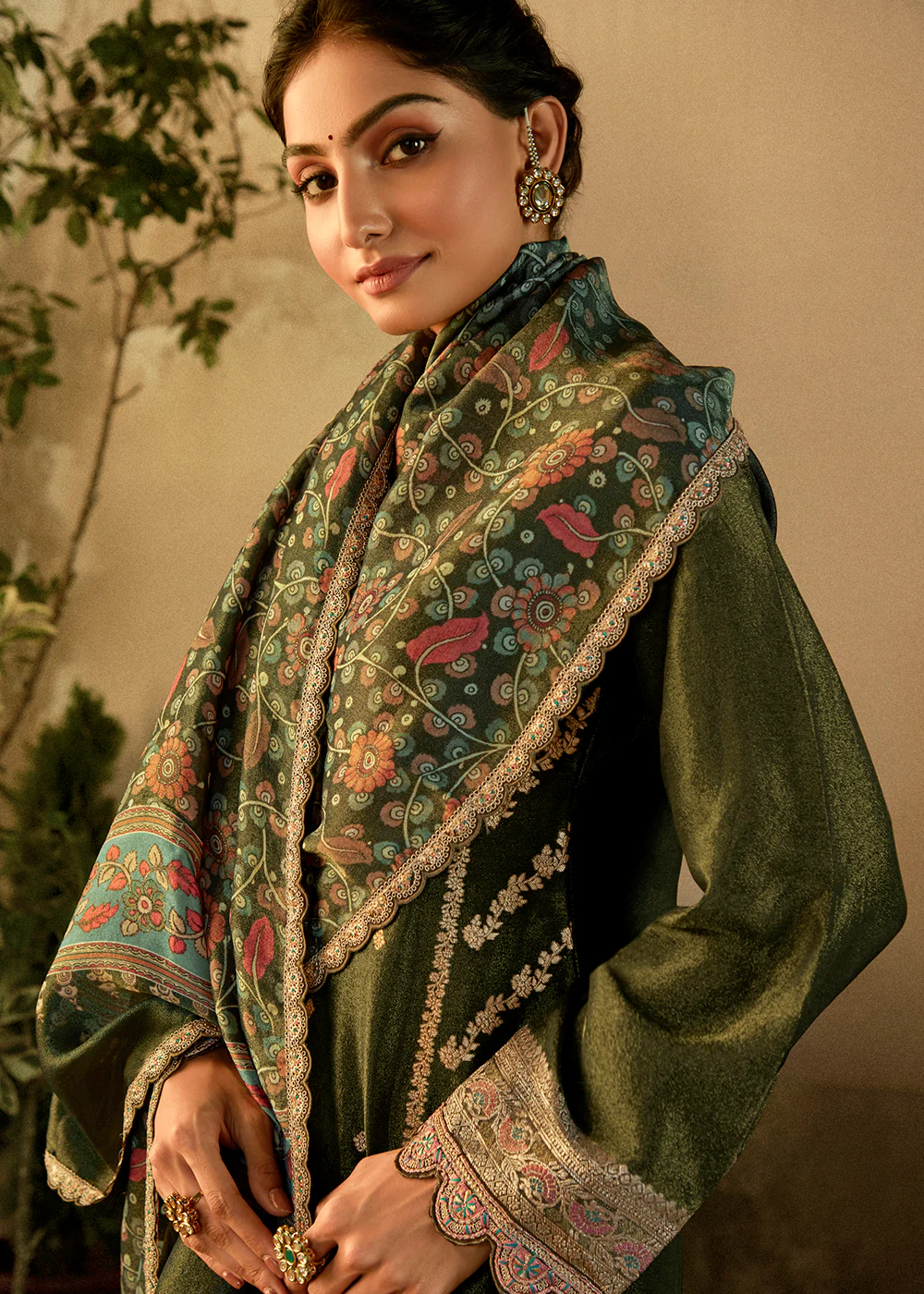 Dark Green Pure Zari Banarasi Tissue Festive Wear Salwar Suit - Image 2