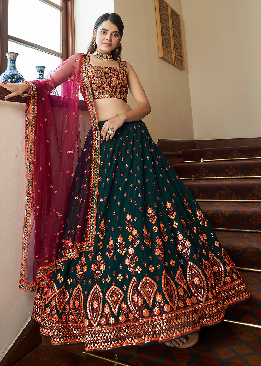 Dark Green Sequins & Gota Patti Work Georgette Lehenga Choli