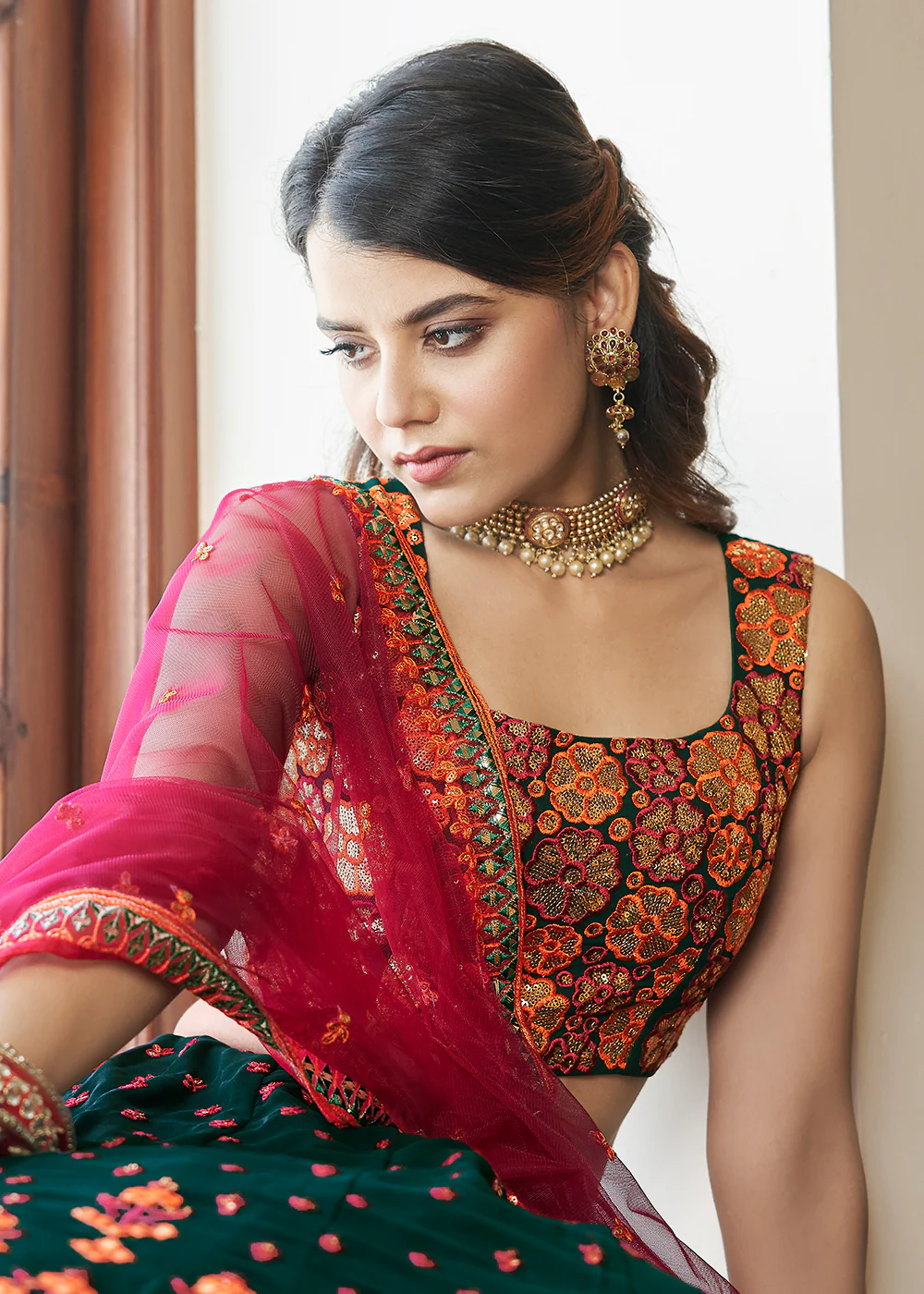 Dark Green Sequins & Gota Patti Work Georgette Lehenga Choli - Image 2