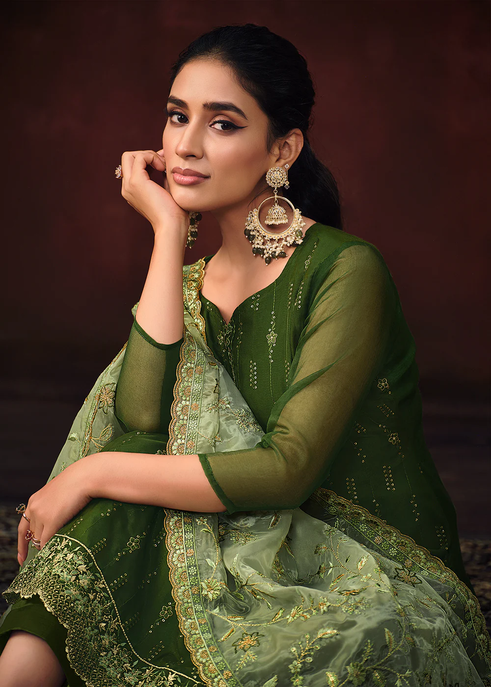 Dark Green Shimmer Organza Embroidered Wedding Salwar Suit - Image 2