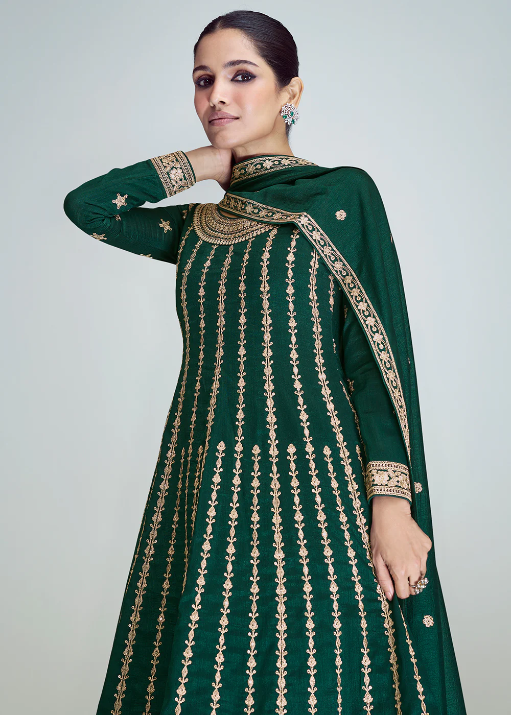 Dark Green Silk Embroidered Peplum Punjabi Style Suit - Image 2