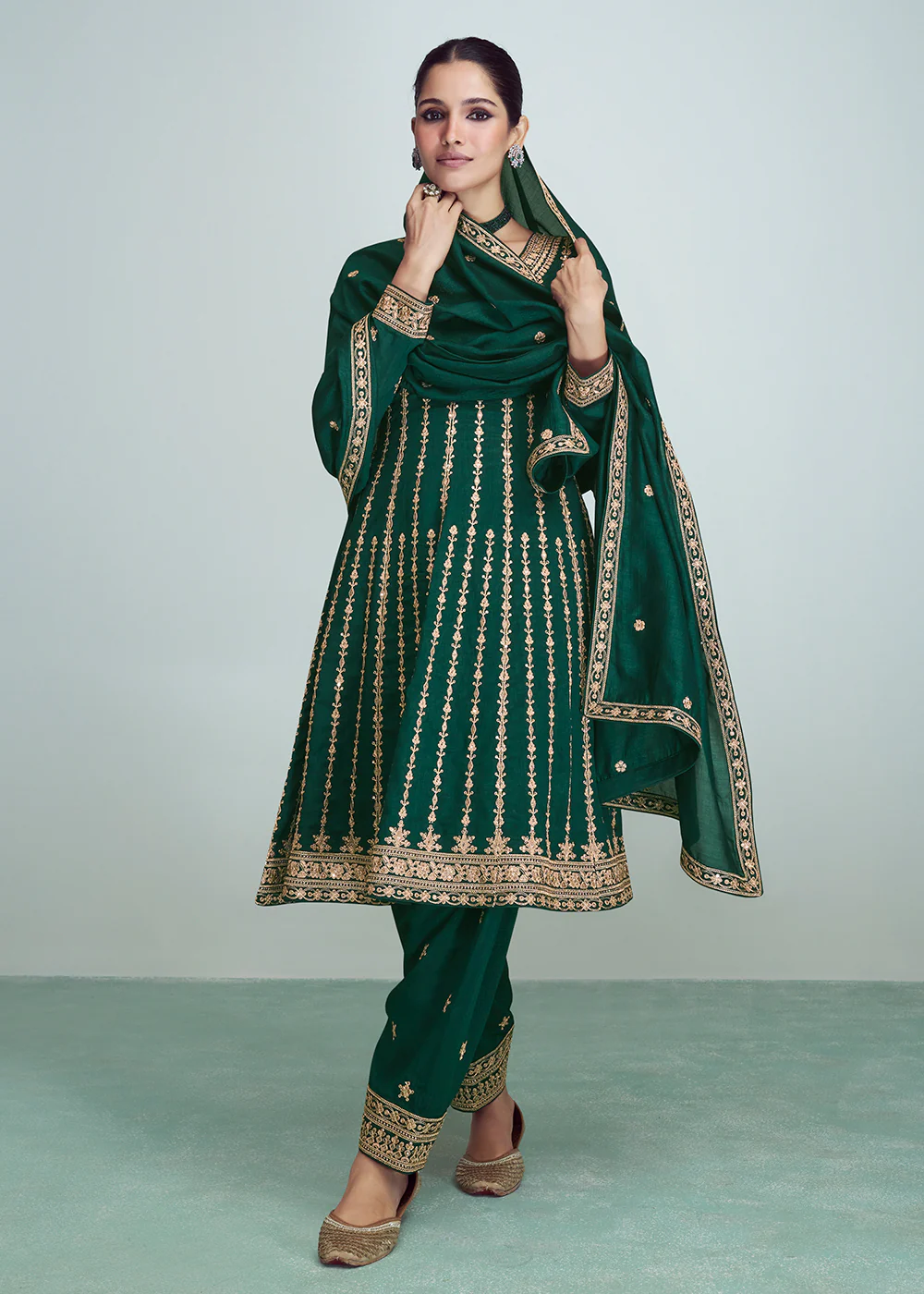 Dark Green Silk Embroidered Peplum Punjabi Style Suit - Image 3