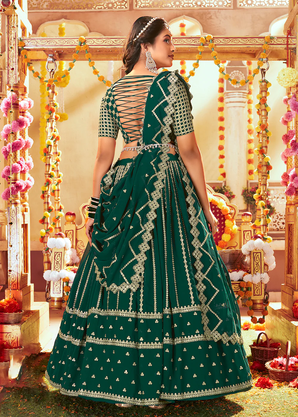 Dark Green Sparkling Sequins Georgette Wedding Lehenga Choli - Image 3