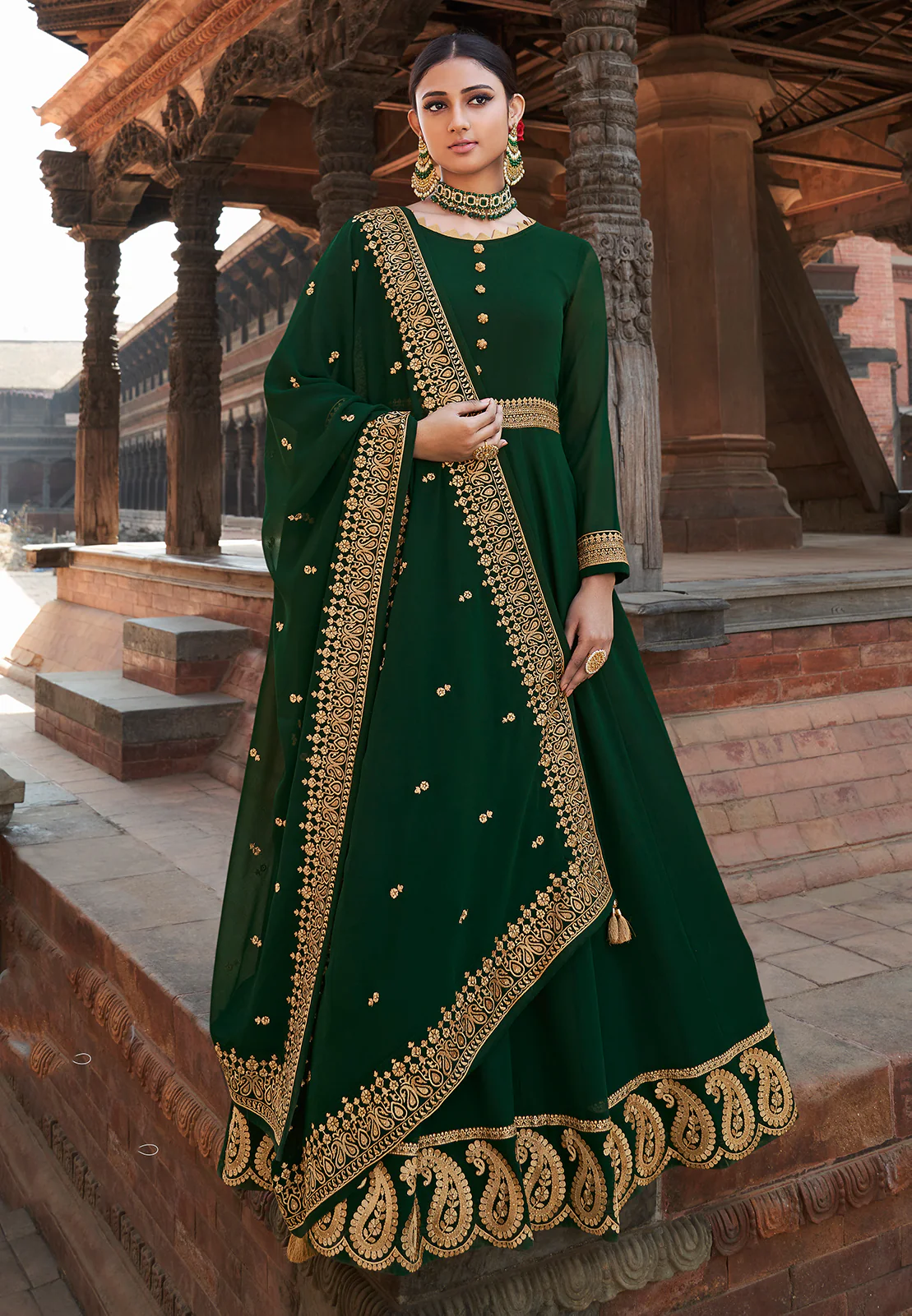 Dark Green Stone Embellished Floor Length Anarkali Suit