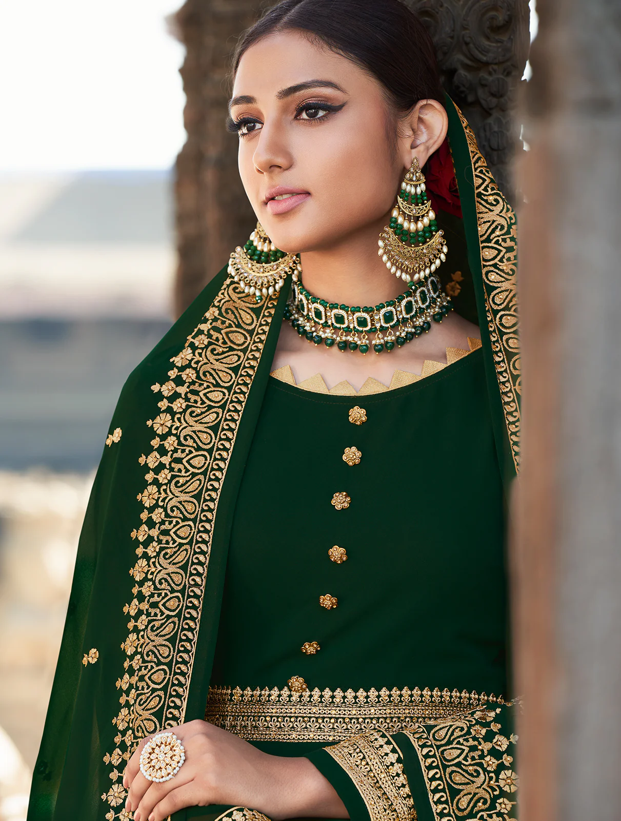 Dark Green Stone Embellished Floor Length Anarkali Suit - Image 2