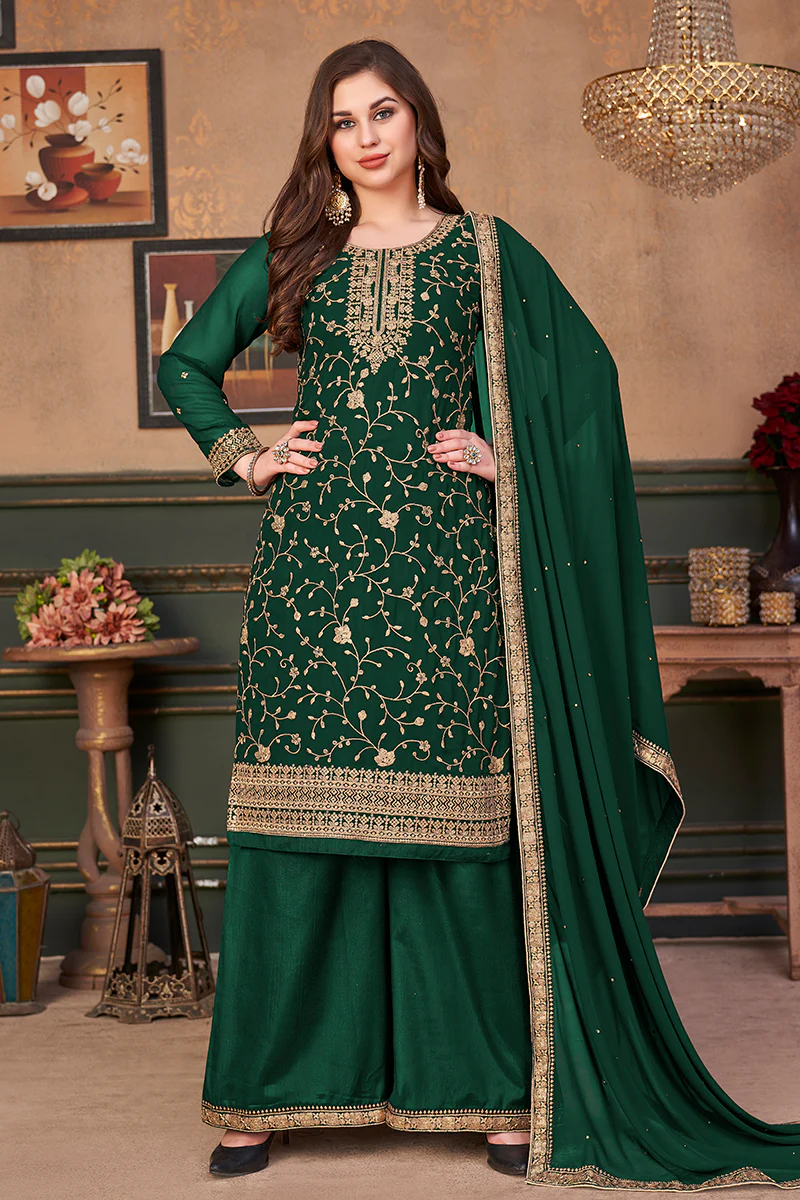 Dark Green Straight Cut Festive Embroidered Palazzo Suit - Image 3