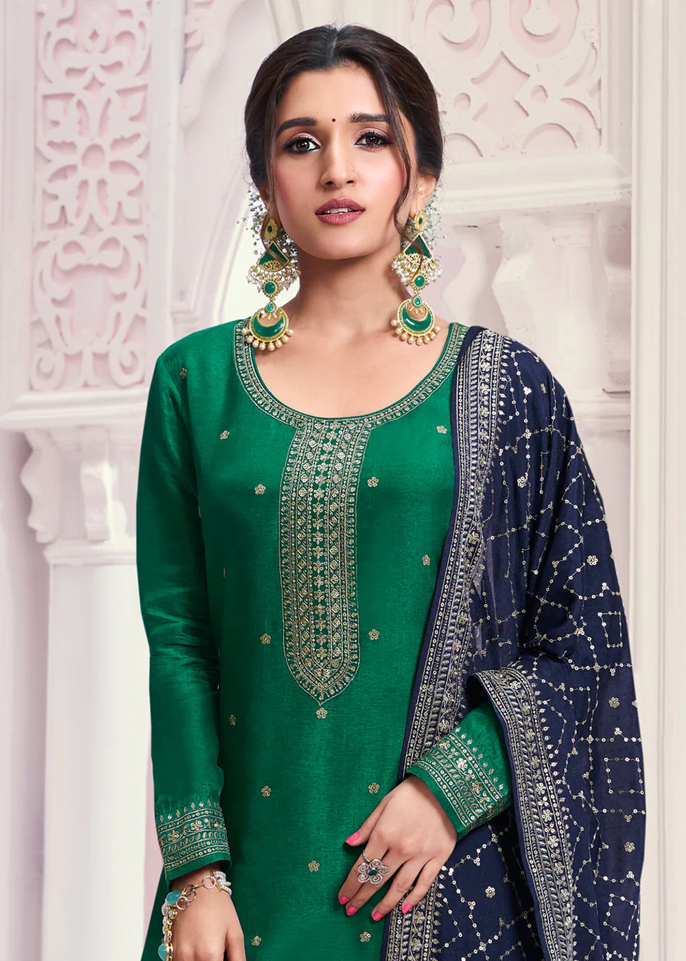 Dark Green Thread Embroidered Silk Salwar Suit - Image 2