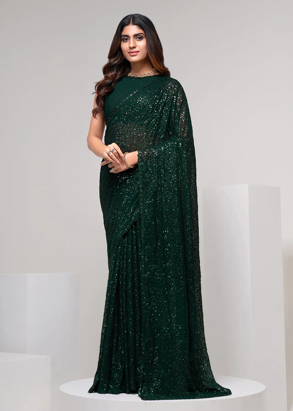 Dark Green Thread & Multi Sequins Work Party Wear Saree - Image 3