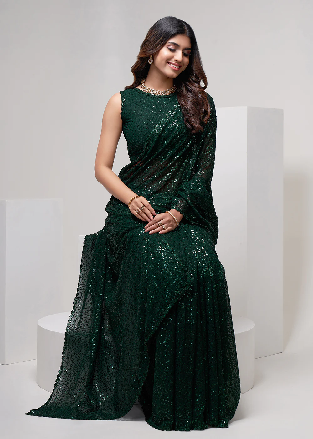 Dark Green Thread & Multi Sequins Work Party Wear Saree - Image 4