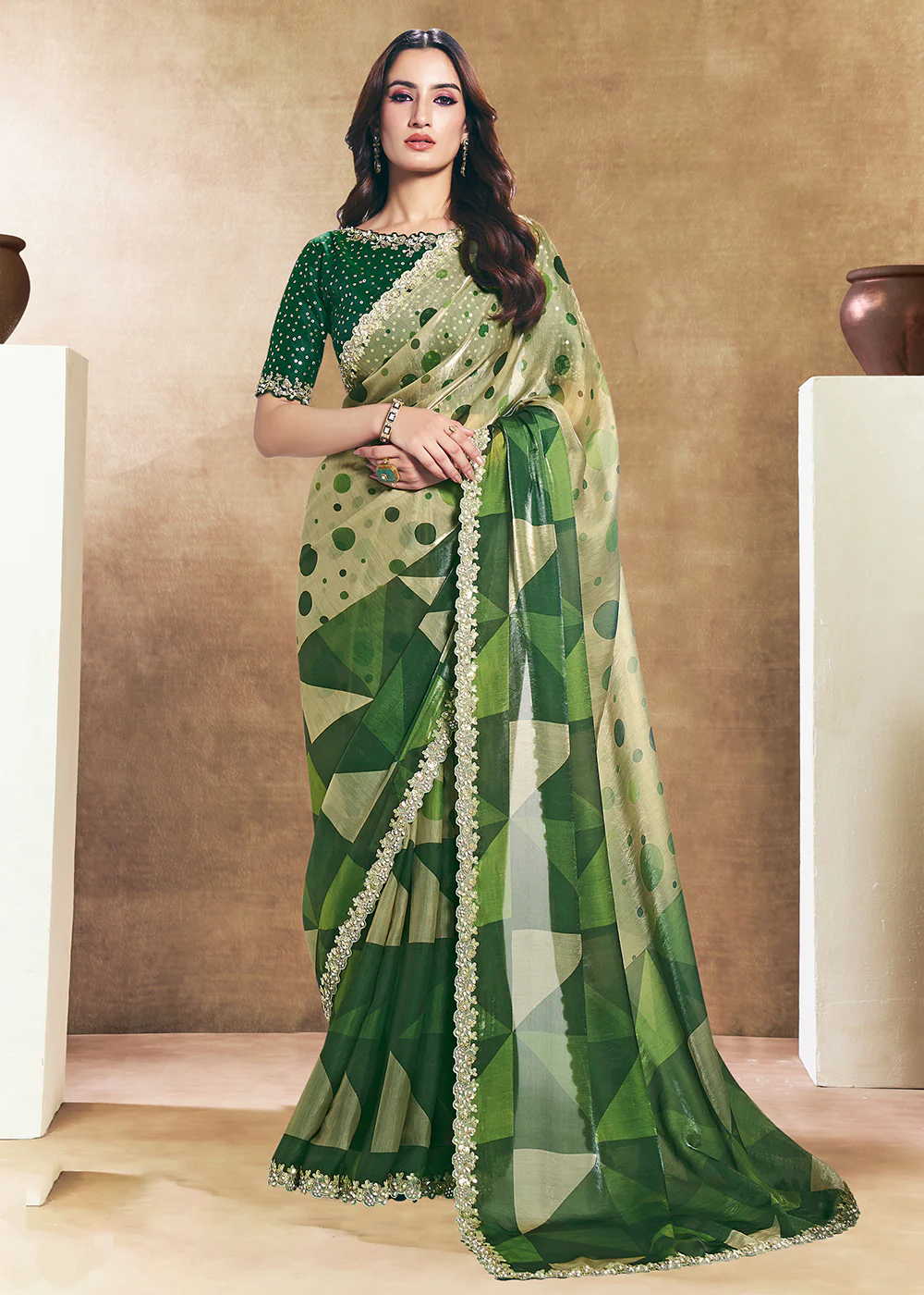 Dark Green Two Tone Satin Silk Printed & Embroidered Festive Saree