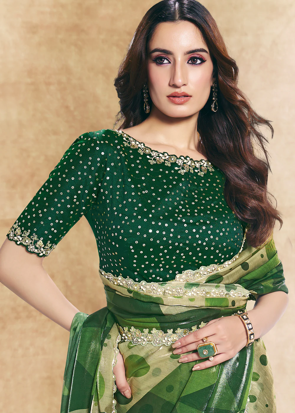 Dark Green Two Tone Satin Silk Printed & Embroidered Festive Saree - Image 2