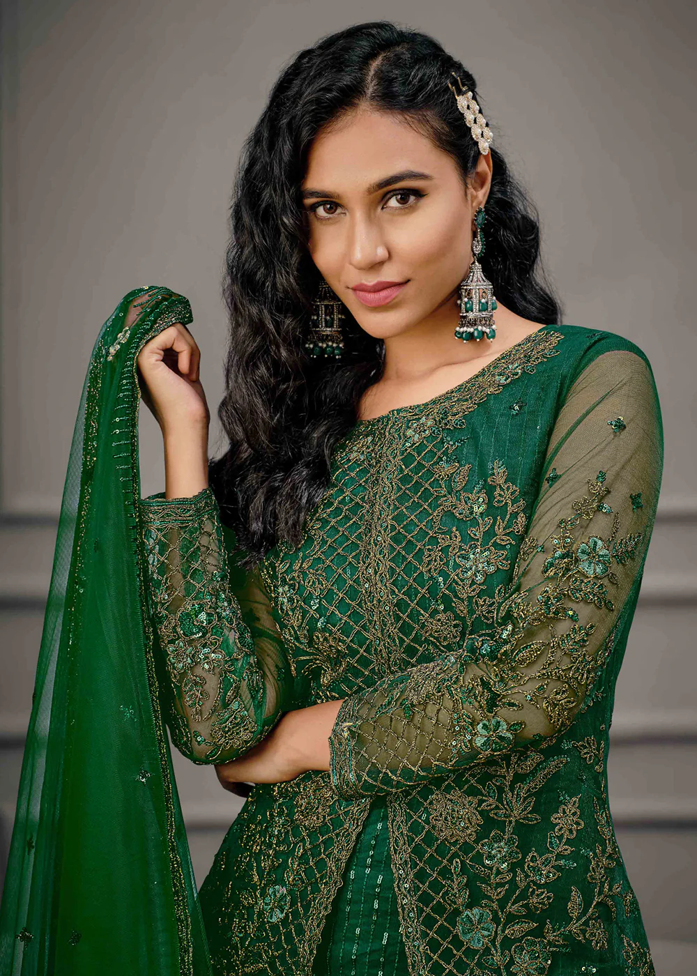 Dark Green Wedding Wear Net Slit Style Salwar Suit - Image 2