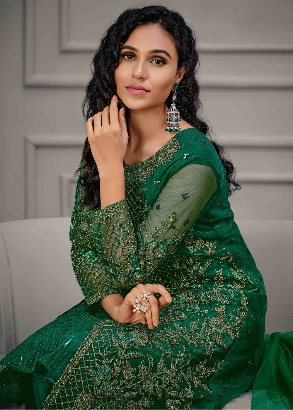 Dark Green Wedding Wear Net Slit Style Salwar Suit - Image 3