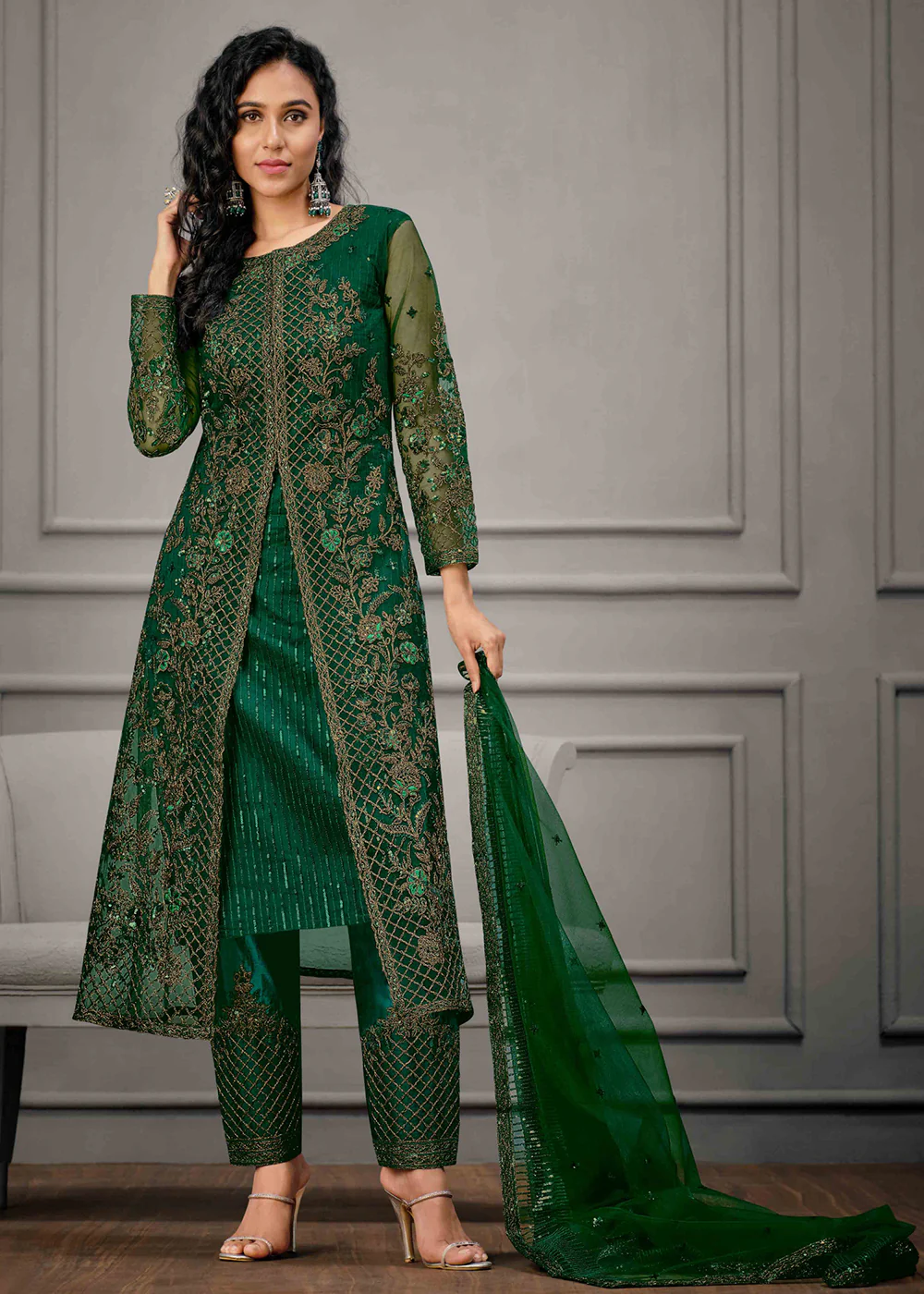 Dark Green Wedding Wear Net Slit Style Salwar Suit - Image 4