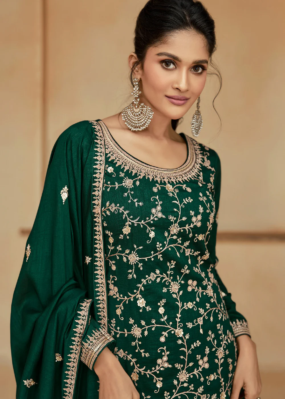 Dark Green Zari & Sequins Work Palazzo Salwar Suit - Image 2