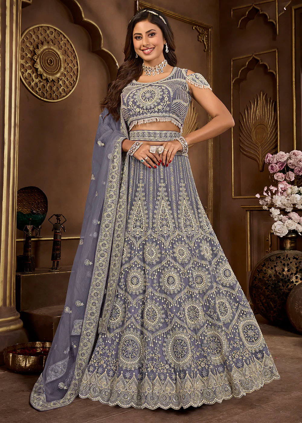 Dark Grey Heavy Embroidered Designer Bridal Lehenga Choli