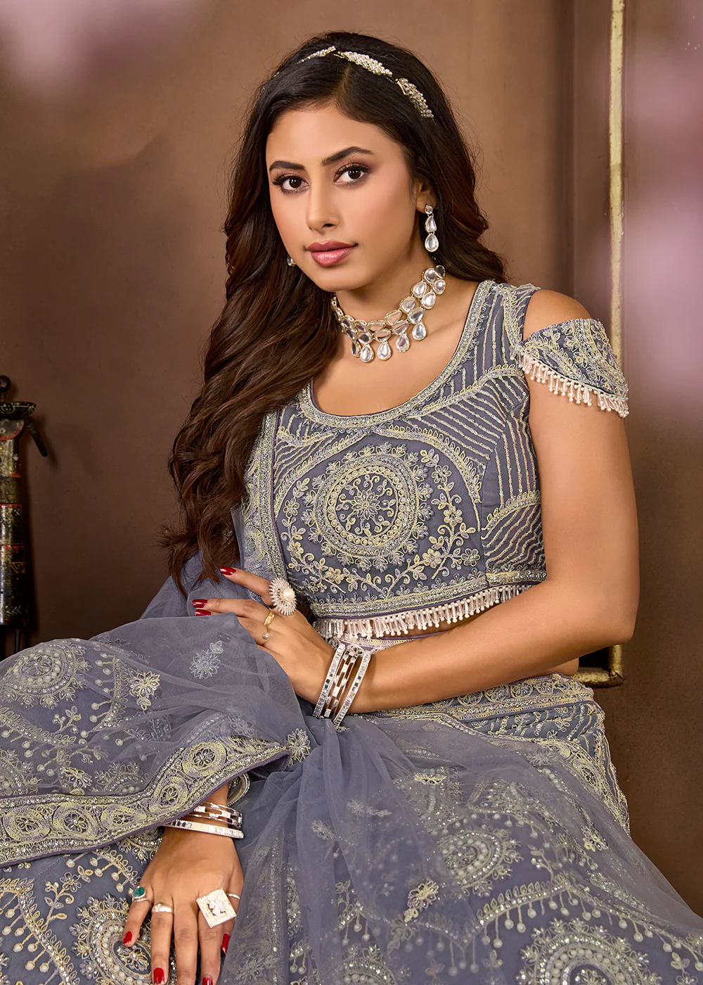 Dark Grey Heavy Embroidered Designer Bridal Lehenga Choli - Image 5