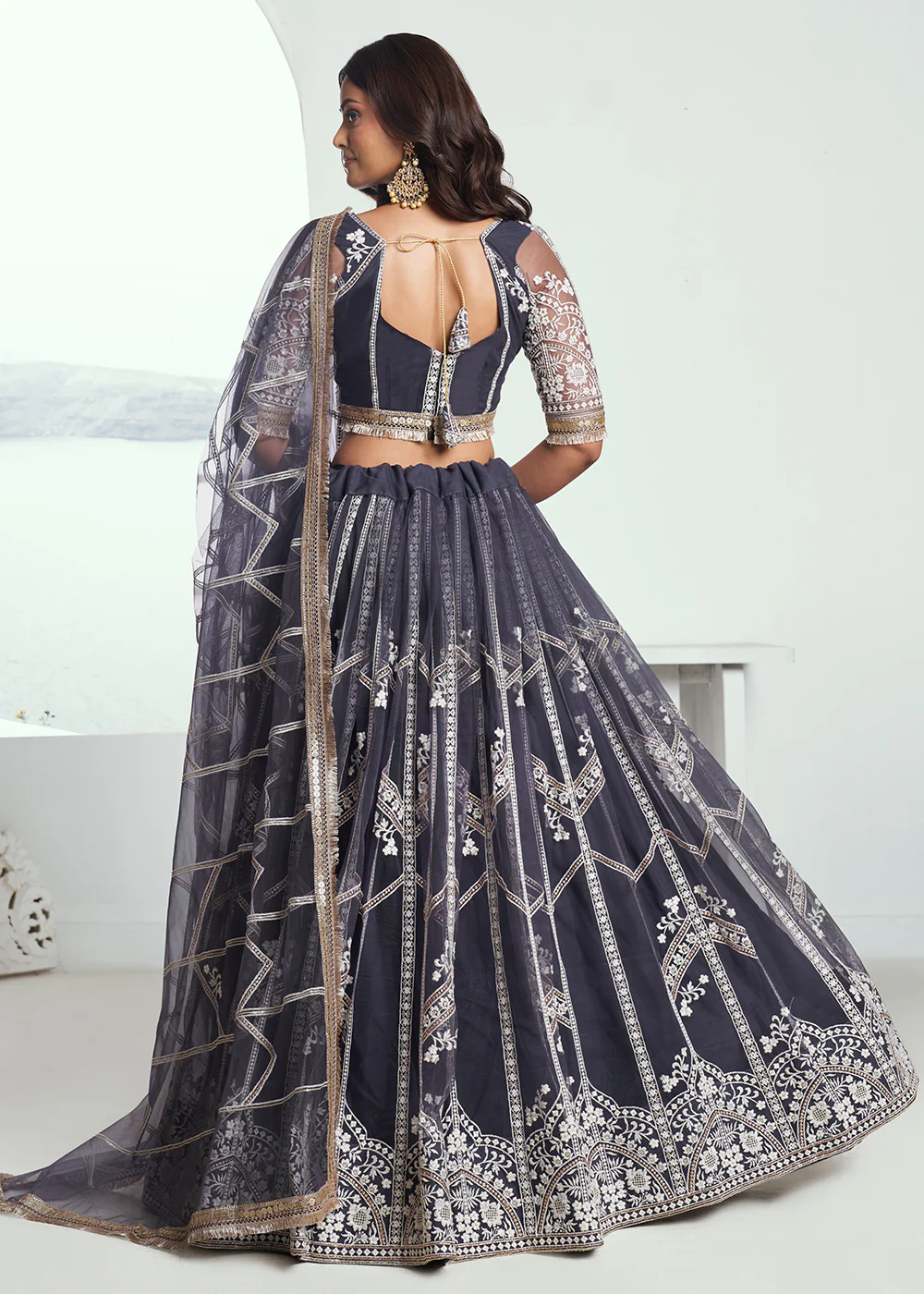 Dark Grey Net Embroidered Wedding Festive Lehenga Choli - Image 3