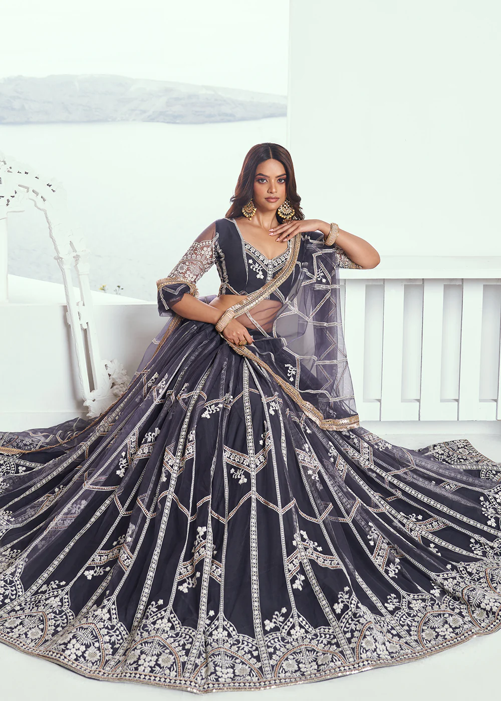 Dark Grey Net Embroidered Wedding Festive Lehenga Choli - Image 4