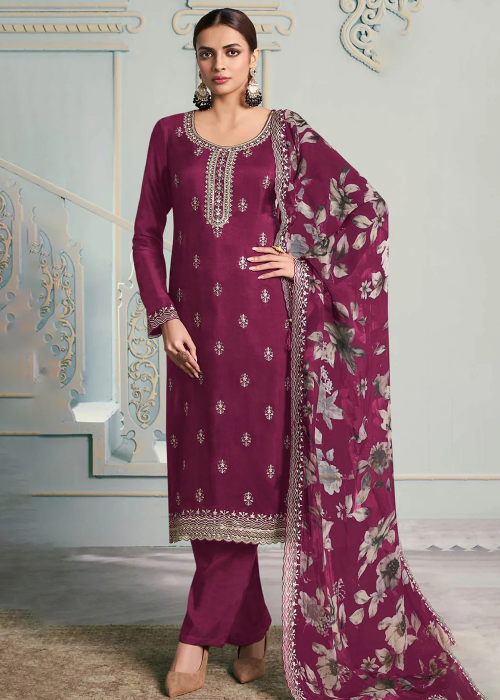 Dark Magenta Moonga Silk Embroidered Trendy Salwar Suit