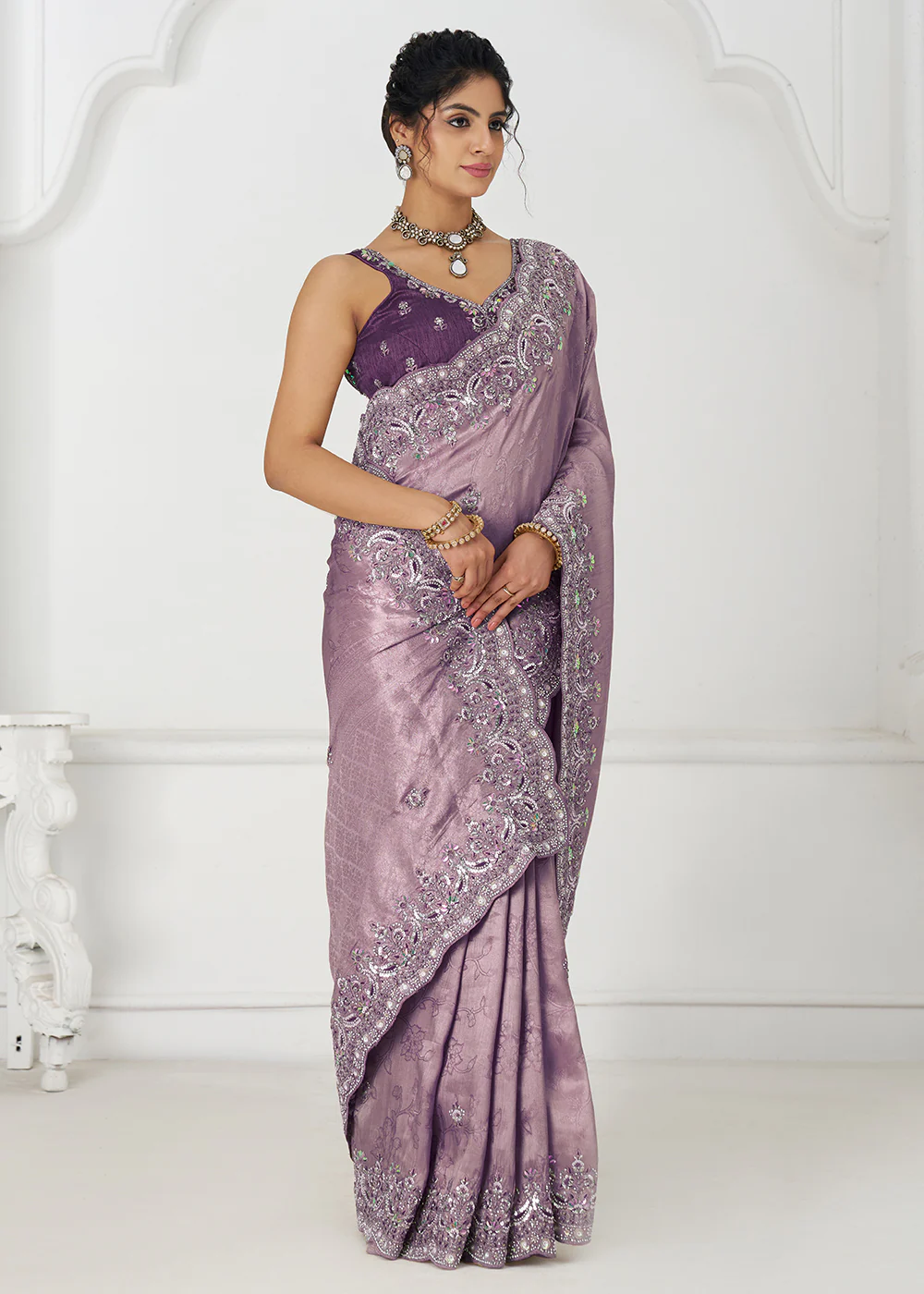 Dark Mauve Pure Dola Viscose Silk Wedding Wear Saree - Image 4