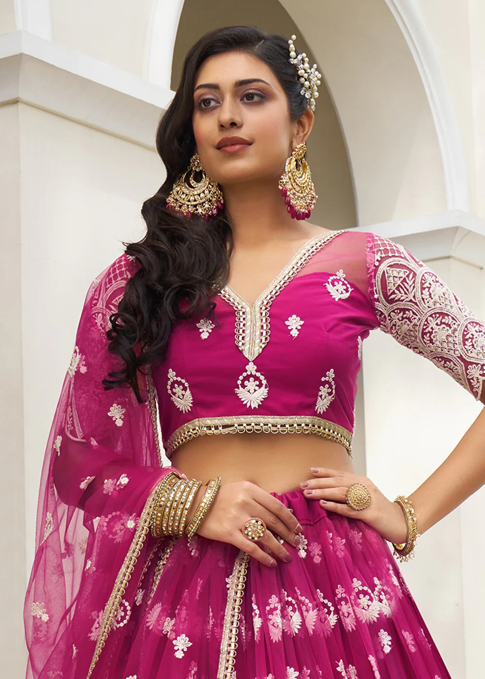 Dark Pink Net Embroidered Wedding Lehenga Choli - Image 2
