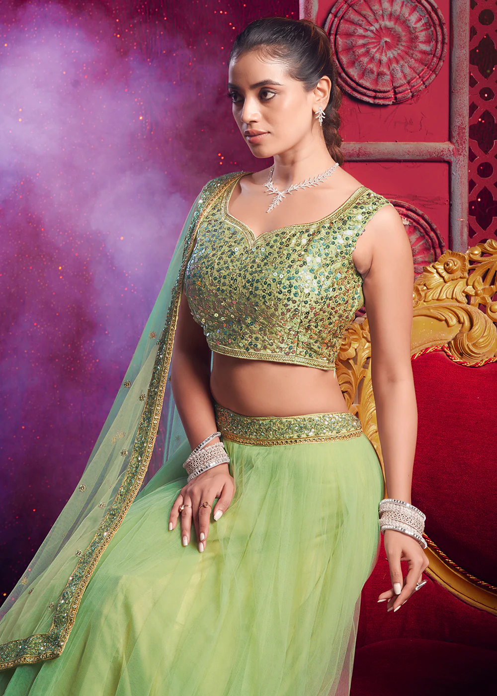 Dark Pista Green Sequins Work Reception Lehenga Choli - Image 2