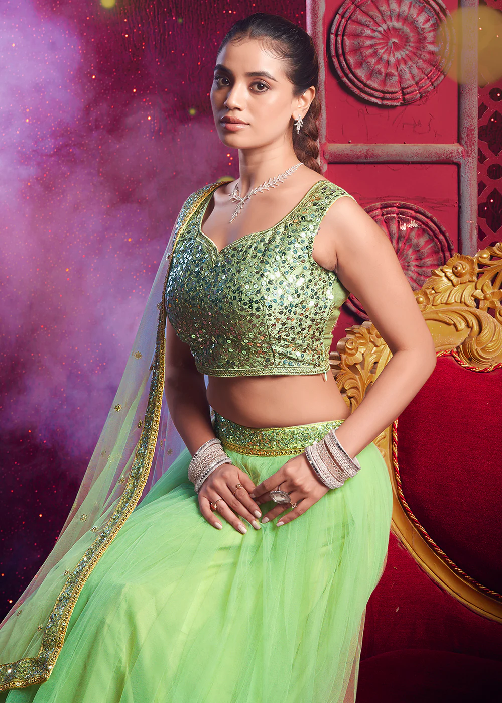Dark Pista Green Sequins Work Reception Lehenga Choli - Image 4