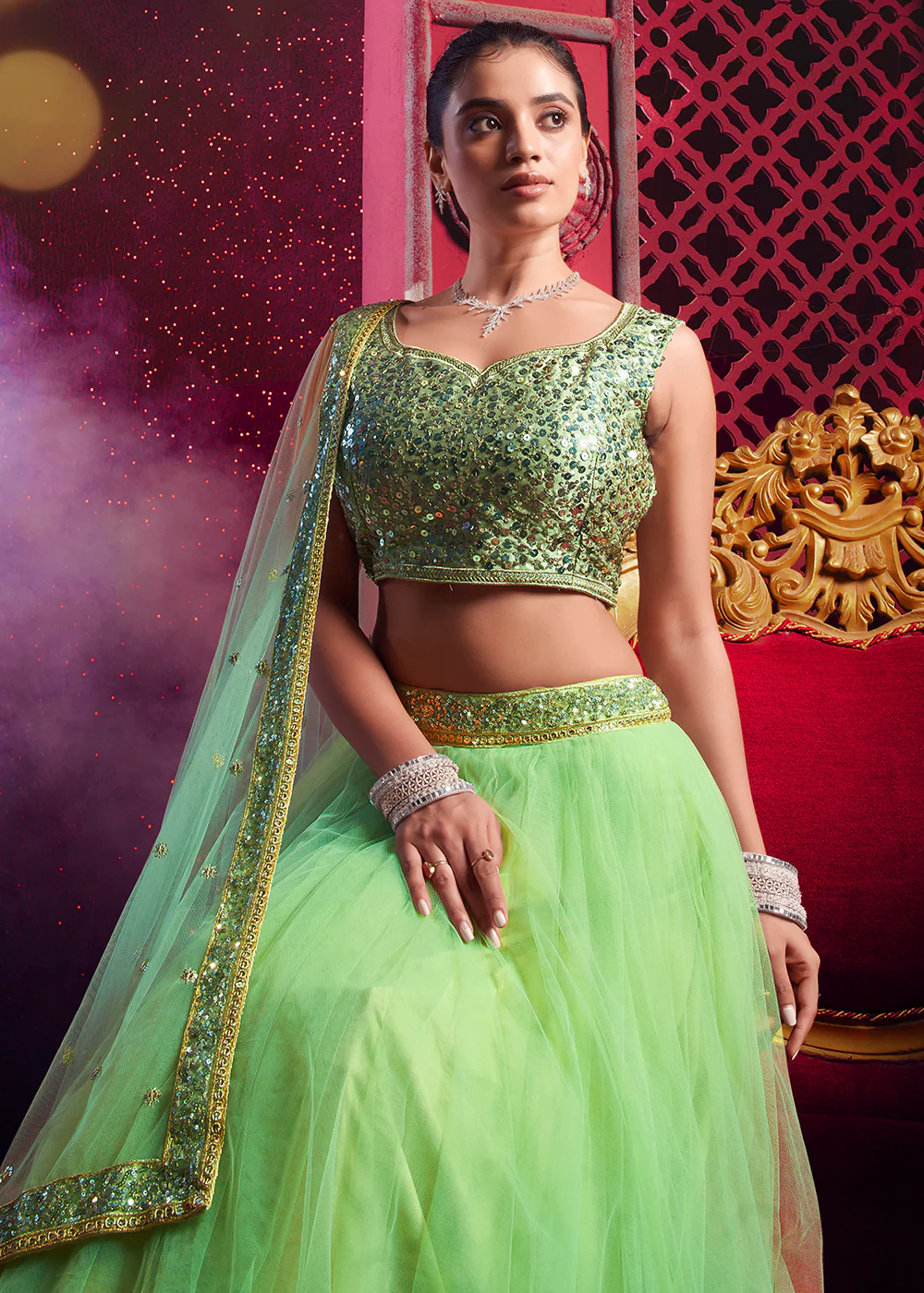 Dark Pista Green Sequins Work Reception Lehenga Choli - Image 5