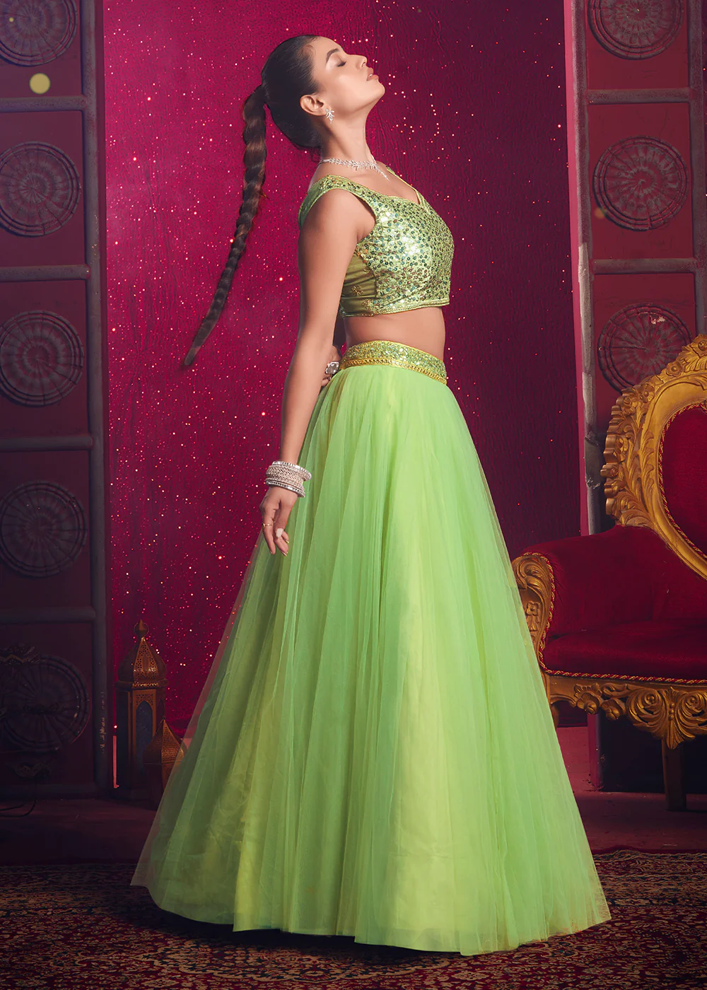 Dark Pista Green Sequins Work Reception Lehenga Choli - Image 6