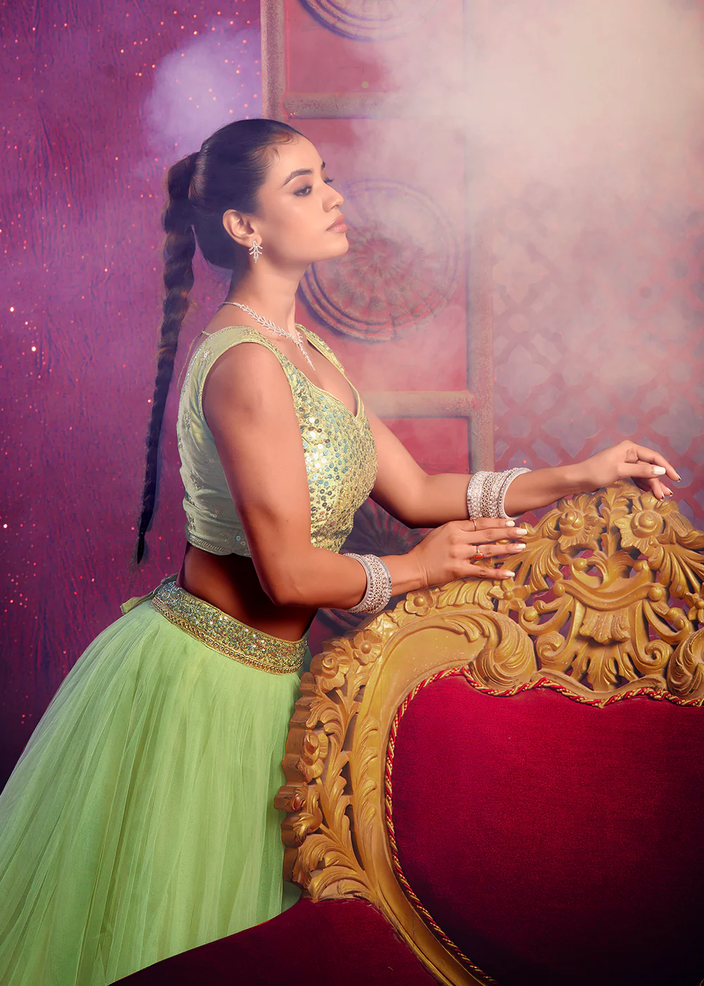 Dark Pista Green Sequins Work Reception Lehenga Choli - Image 7
