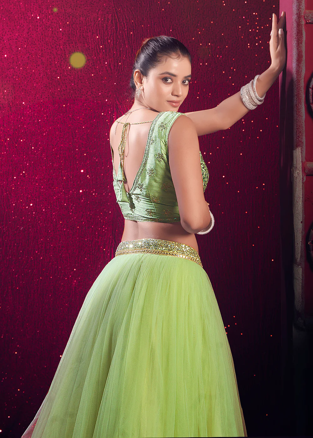 Dark Pista Green Sequins Work Reception Lehenga Choli - Image 8