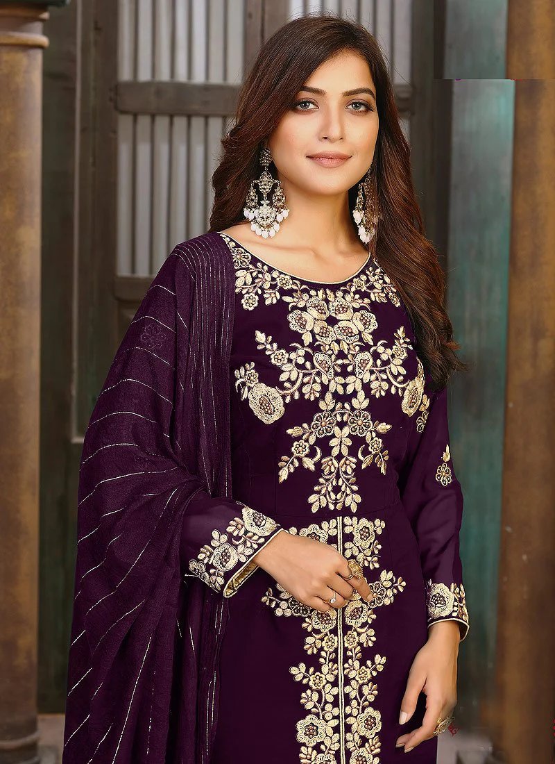 Dark Purple Ceremonial Embroidered Pakistani Style Suit - Image 2