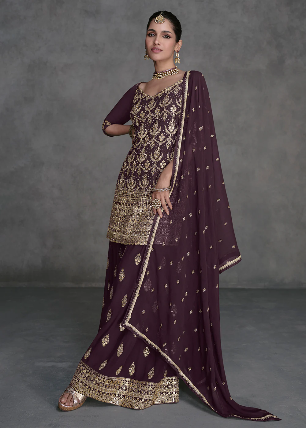 Dark Purple Designer Style Wedding Wear Sharara Suit - Image 3