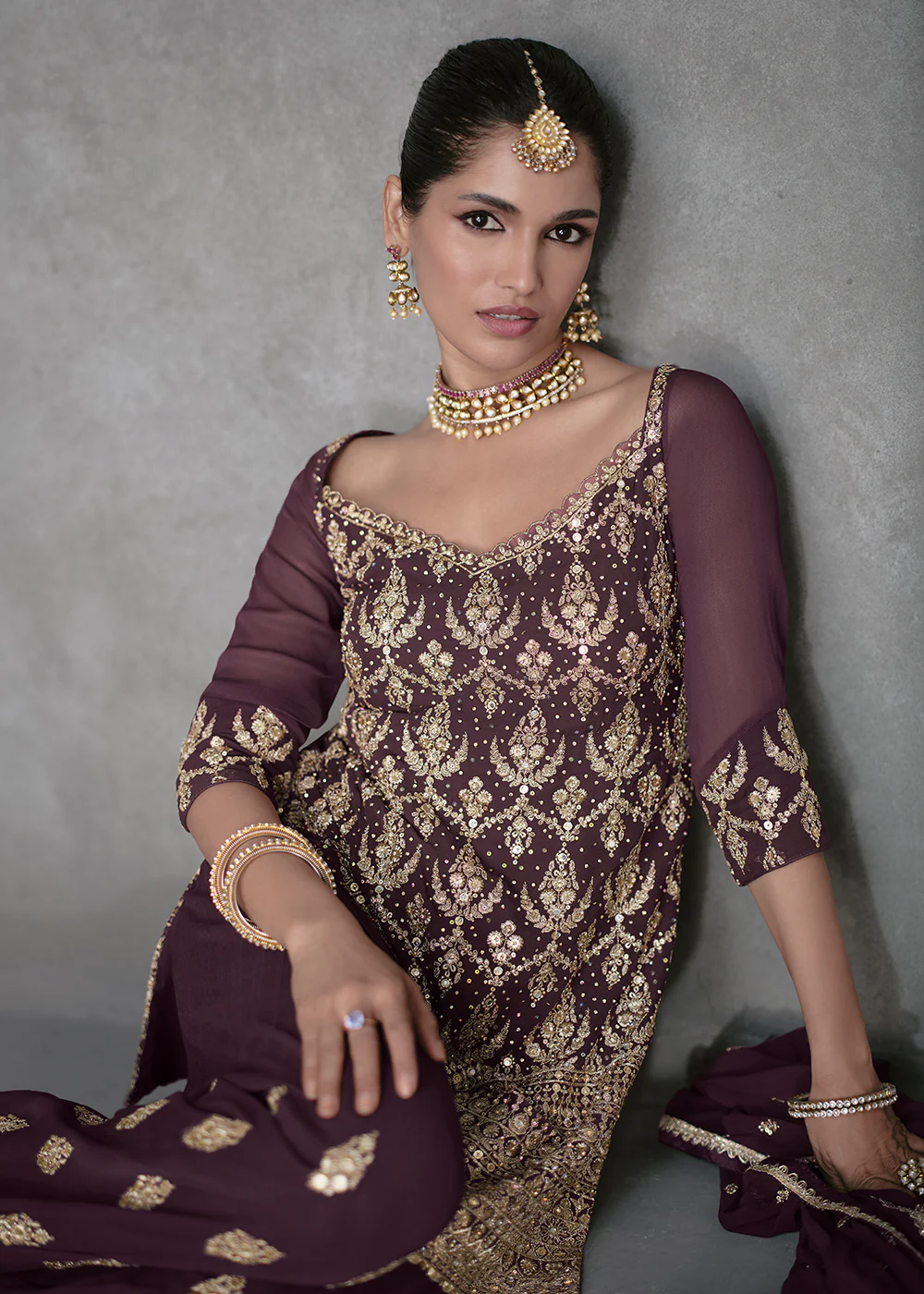 Dark Purple Designer Style Wedding Wear Sharara Suit - Image 4