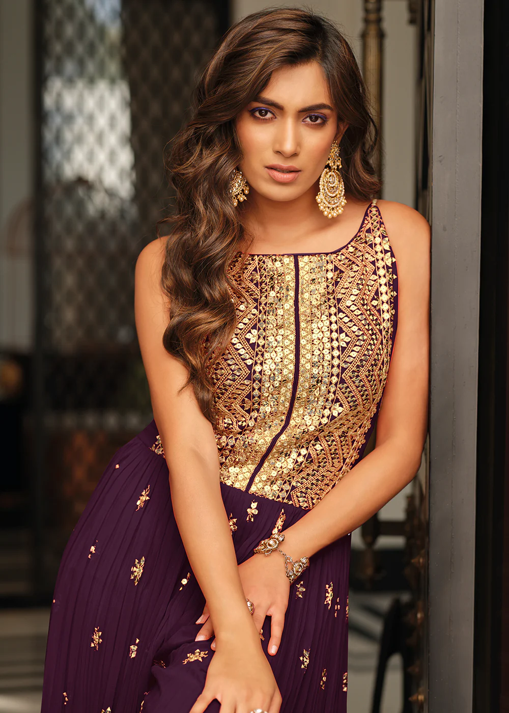 Dark Purple Indo-Western Embroidered Chinon Jumpsuit - Image 2