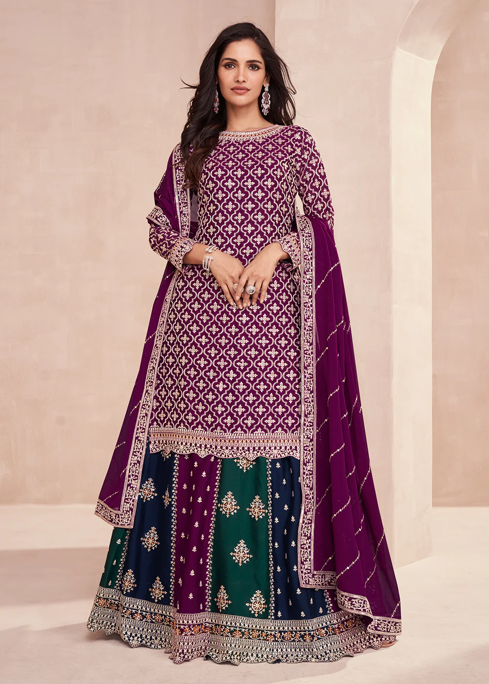 Dark Purple Multicolor Sequins Embroidered Lehenga Skirt Suit