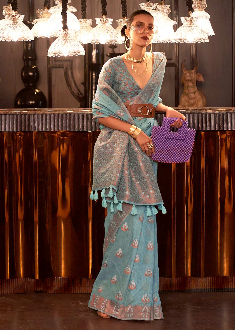 Dashing British Blue Copper Zari Weaving Linen Designer Saree
