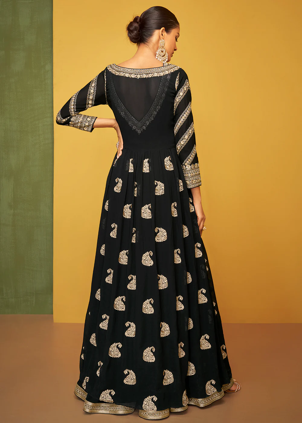 Dazzling Black Chinon Fabric Jacket Style Designer Anarkali Gown - Image 3